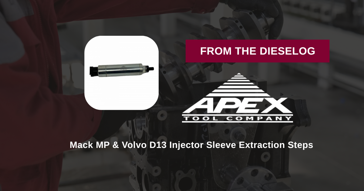 Step-by-step close up layout of heavy-duty Mack Volvo injector sleeve puller tool collet resting on an engine repair bench